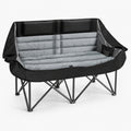 Black and gray oversized double camping chair with padded loveseat seat cup holders and storage pocket