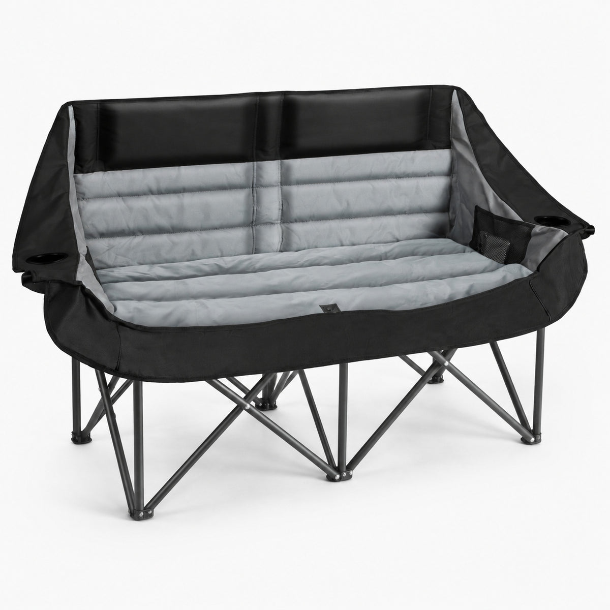 Black and gray oversized double camping chair with padded loveseat seat cup holders and storage pocket