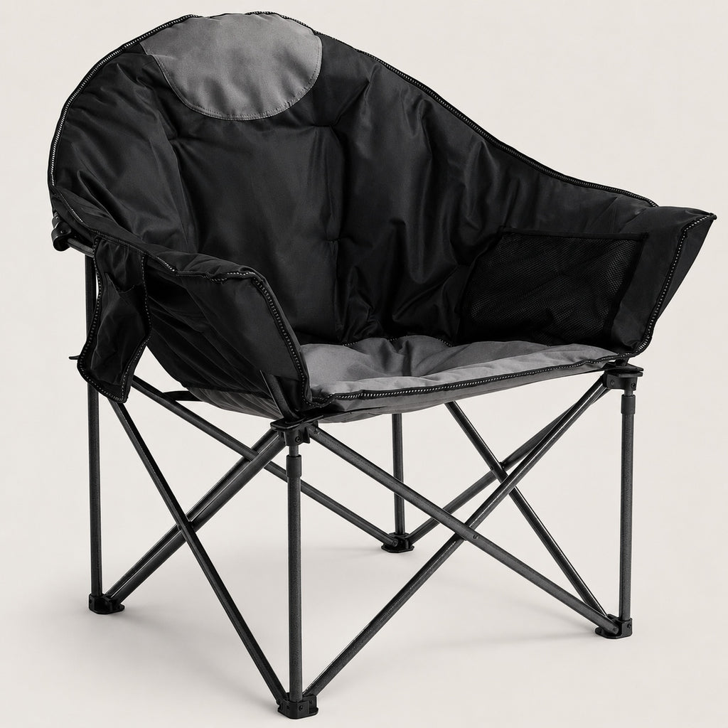 Black and gray moon saucer folding camping chair with padded seat and side storage pockets