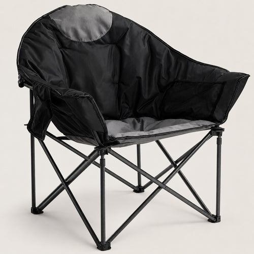 Black and gray moon saucer folding camping chair with padded seat and side storage pockets