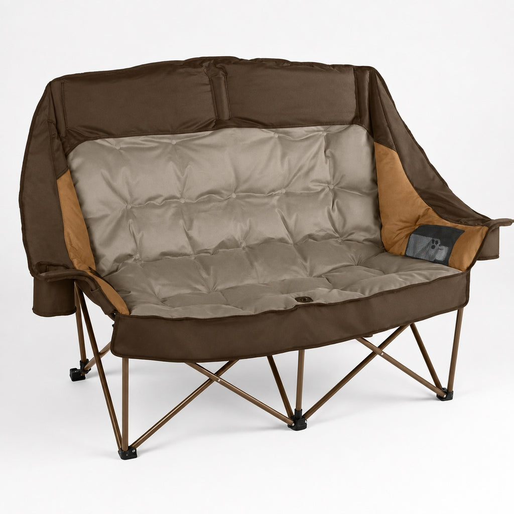 Brown high back double camping loveseat with padded seat cup holders and storage pocket