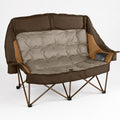 Brown high back double camping loveseat with padded seat cup holders and storage pocket