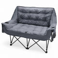 Gray padded double camping loveseat with two cup holders side pocket and reinforced folding frame