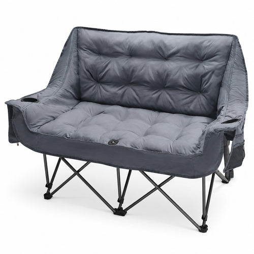 Gray padded double camping loveseat with two cup holders side pocket and reinforced folding frame