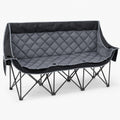 Gray three person folding camping loveseat with quilted padding, cup holders and storage pockets