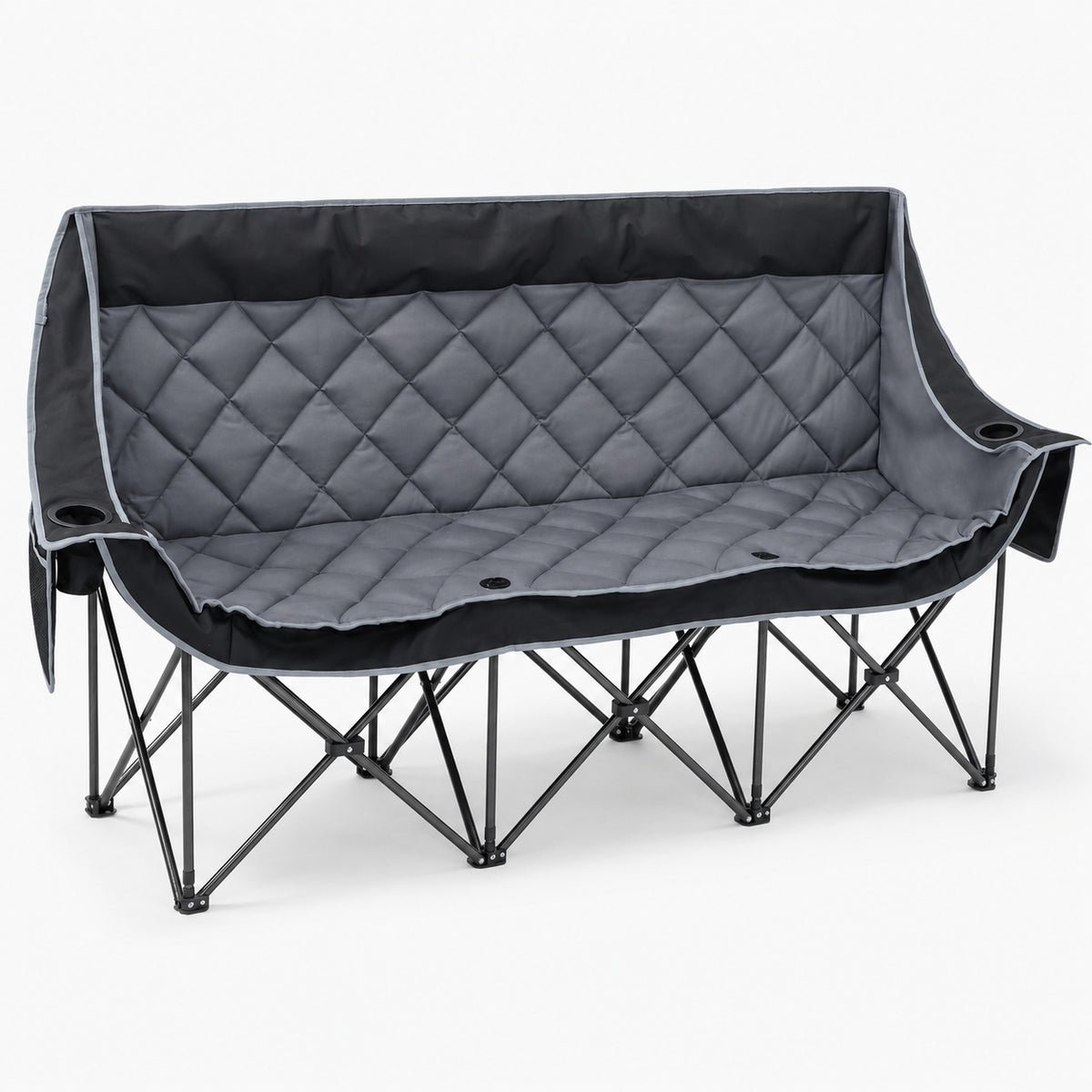 Gray three person folding camping loveseat with quilted padding, cup holders and storage pockets