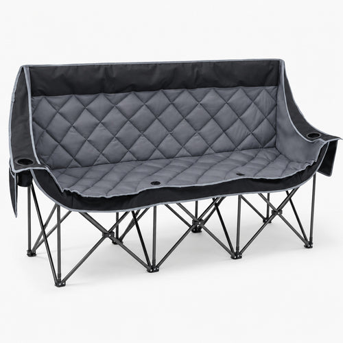 Gray three person folding camping loveseat with quilted padding, cup holders and storage pockets