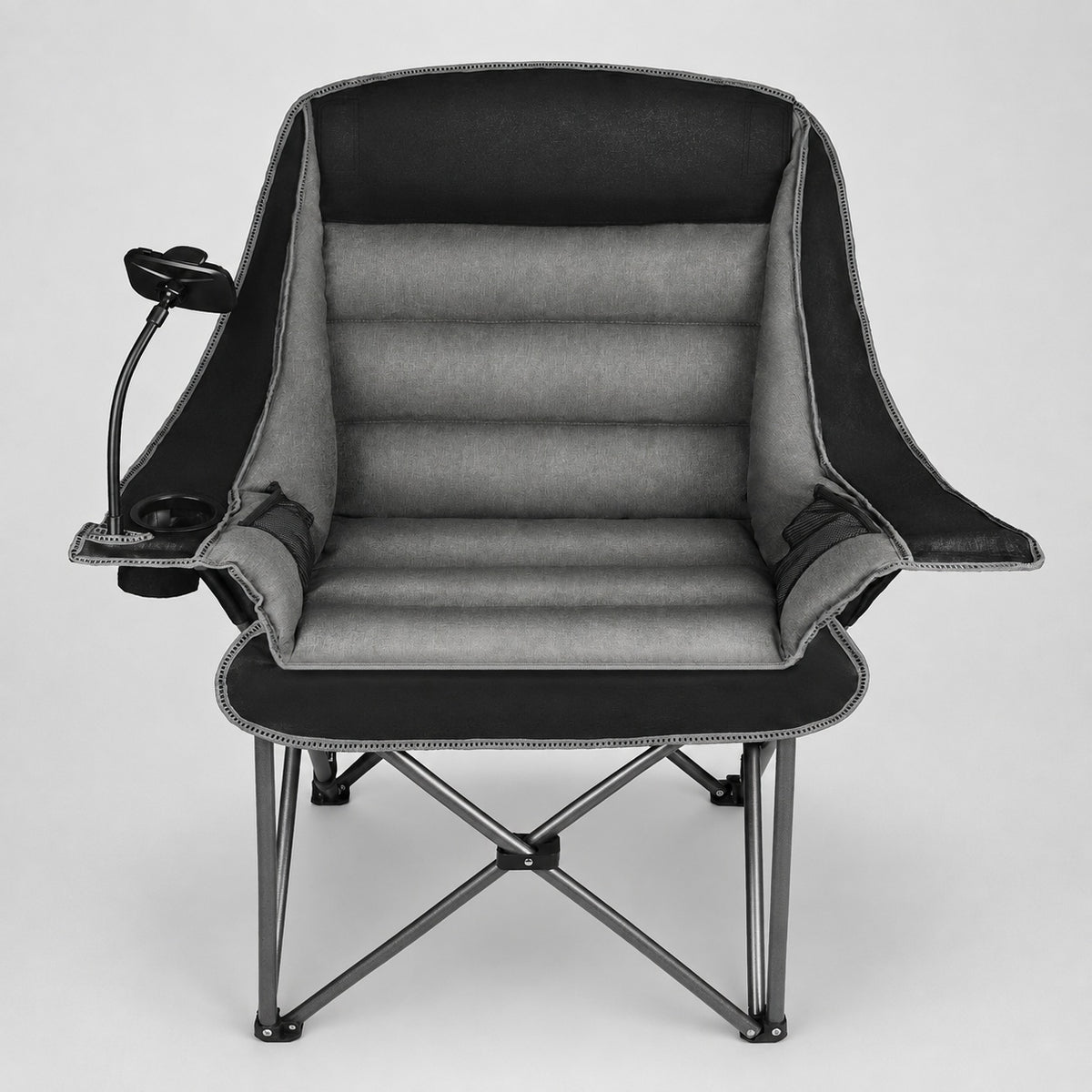 Oversized black and gray folding camping chair with cup holder and adjustable phone holder