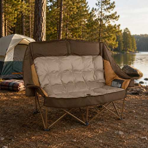 Brown double camping loveseat fully opened at a lakeside campsite