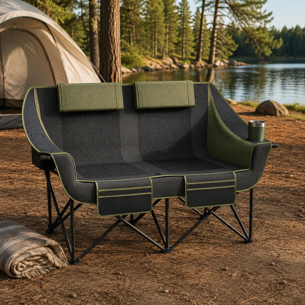 Olive green two-person folding camping chair opened at a lakeside campsite