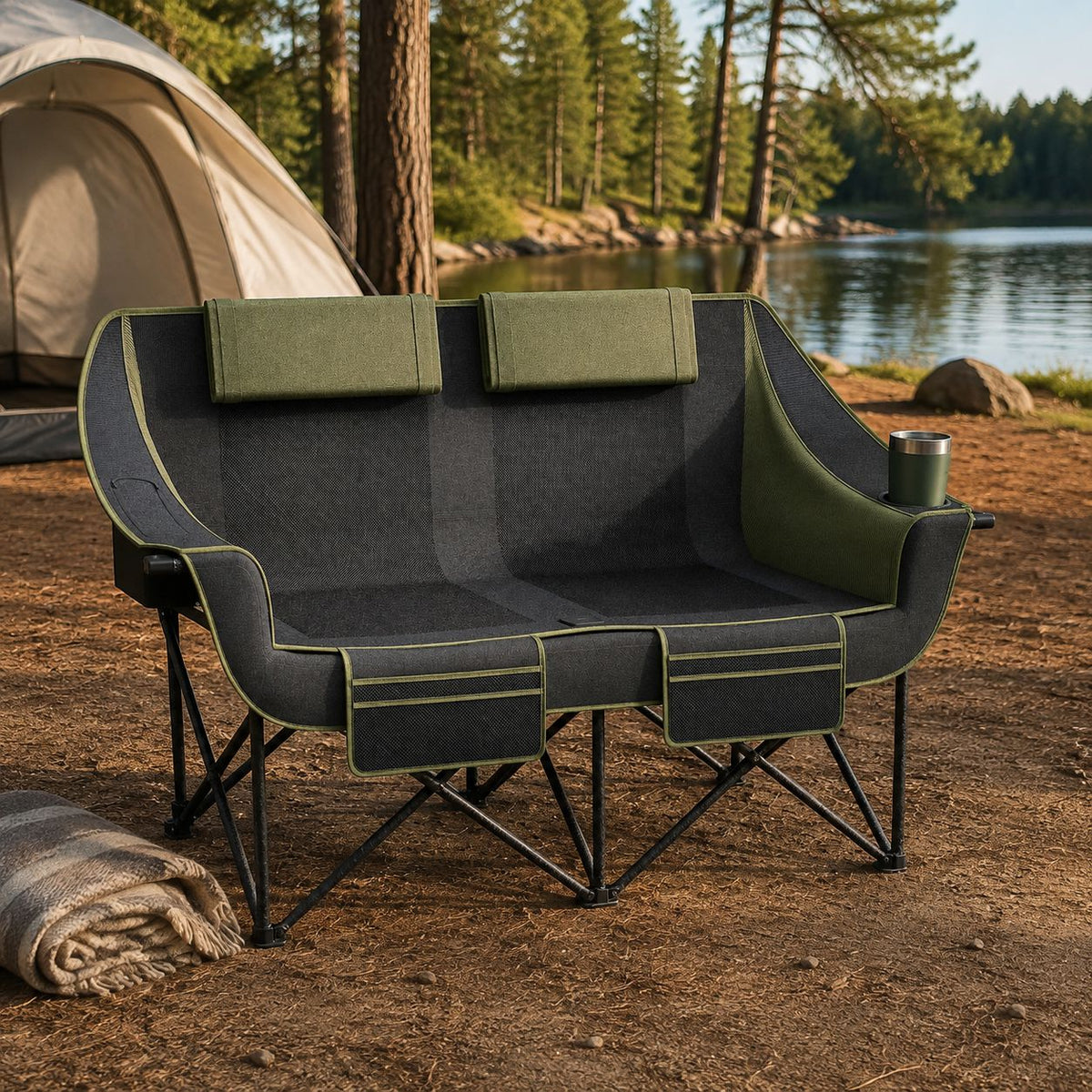 Olive green two-person folding camping chair opened at a lakeside campsite