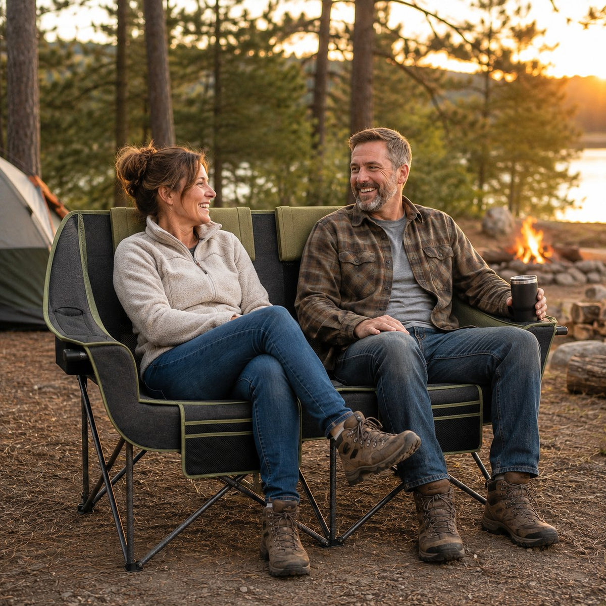 Oversized Heavy Duty Folding Camping Loveseat Chair for Two Adults with Cup Holders 660 lbs Streamonpod