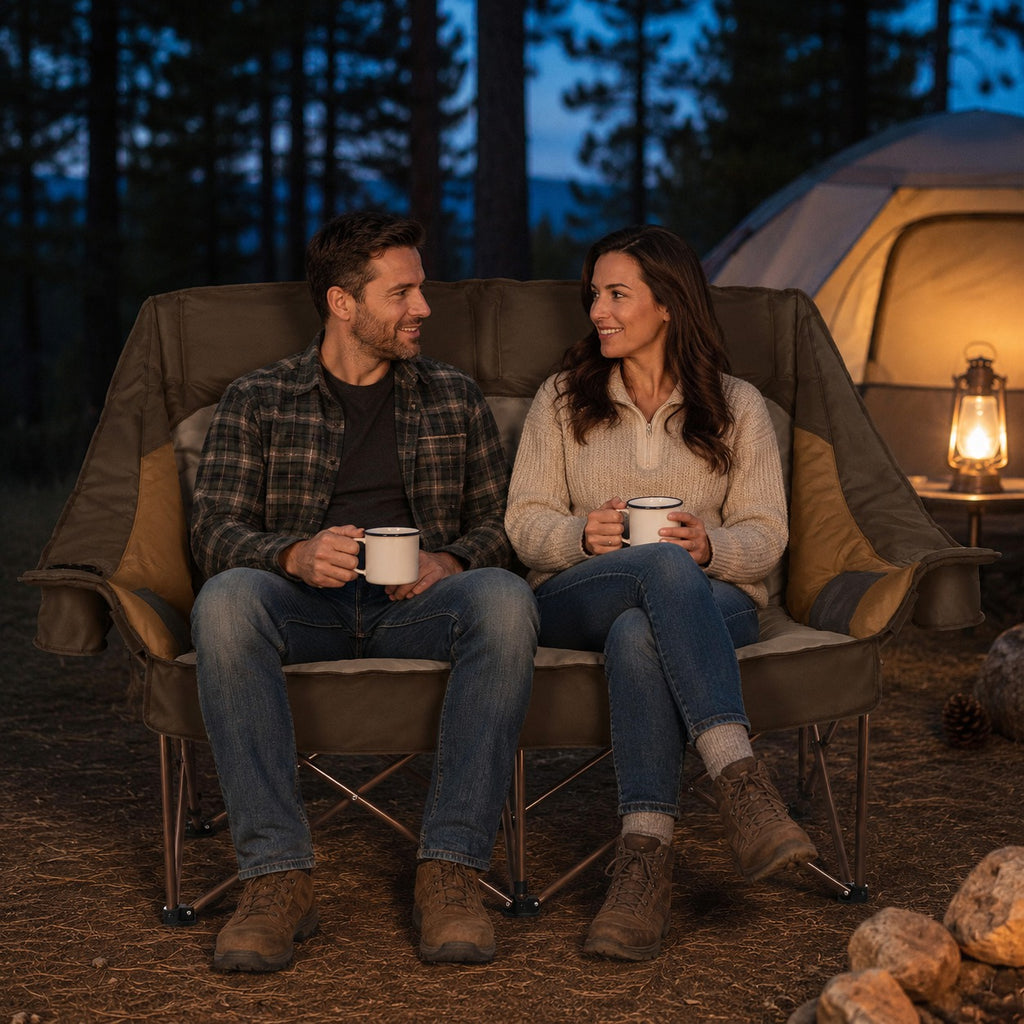 Couple relaxing together in a brown double camping loveseat at an evening campsite