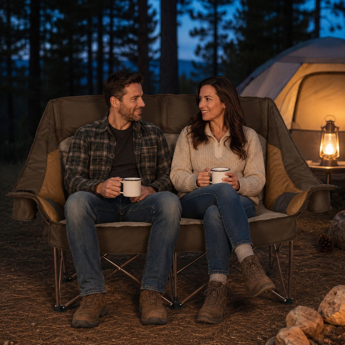 Couple relaxing together in a brown double camping loveseat at an evening campsite