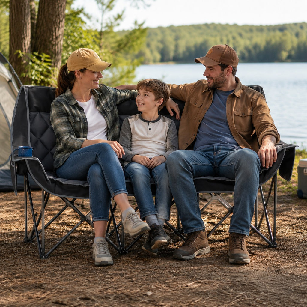 Family of three relaxing on a gray three person camping loveseat beside a lake