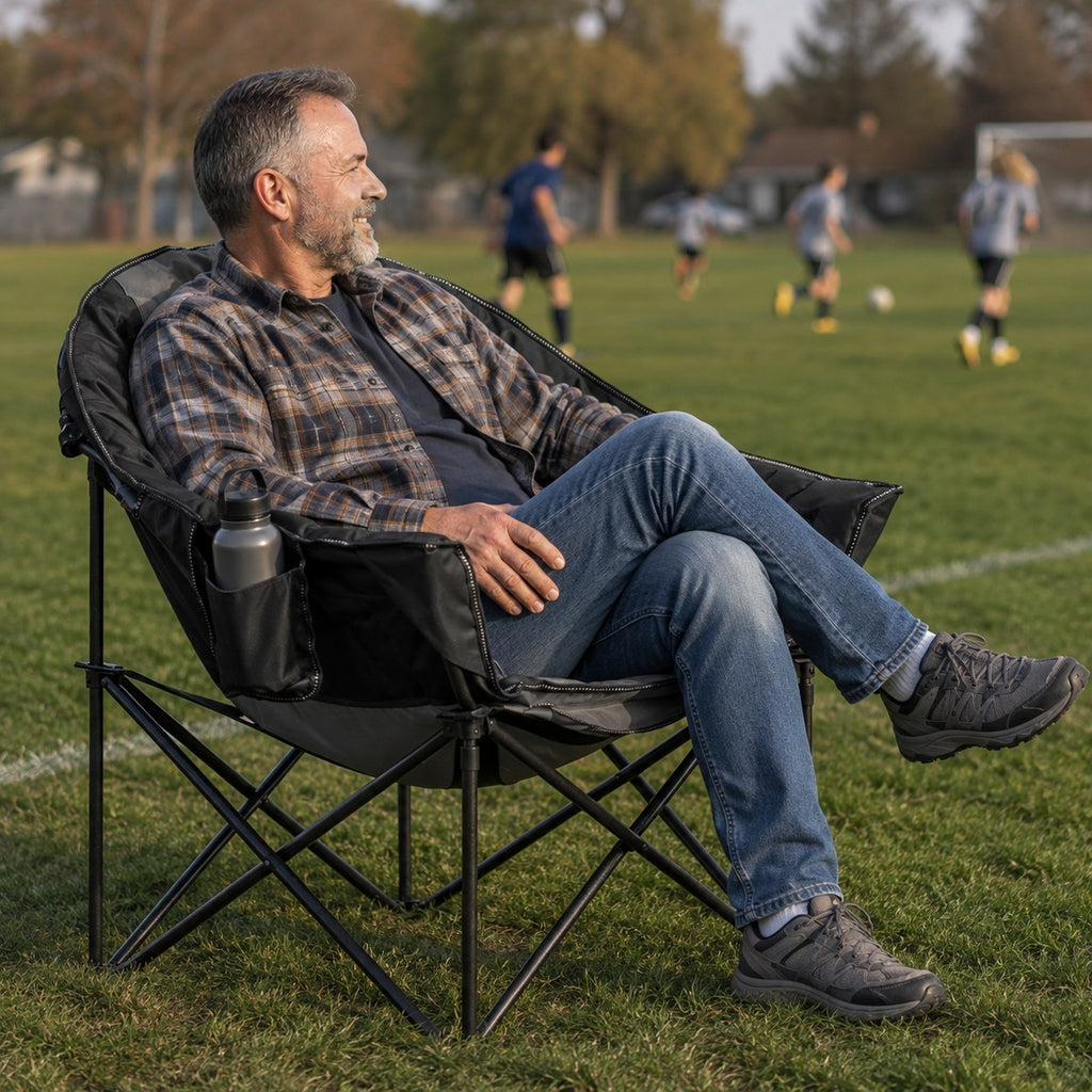 Adult relaxing in a black moon saucer folding chair beside a community soccer field