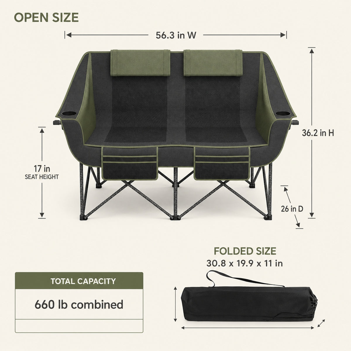 Oversized Heavy Duty Folding Camping Loveseat Chair for Two Adults with Cup Holders 660 lbs Streamonpod