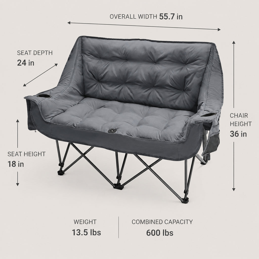 Gray double camping chair dimensions showing 55.7 inch width 24 inch depth and 36 inch height