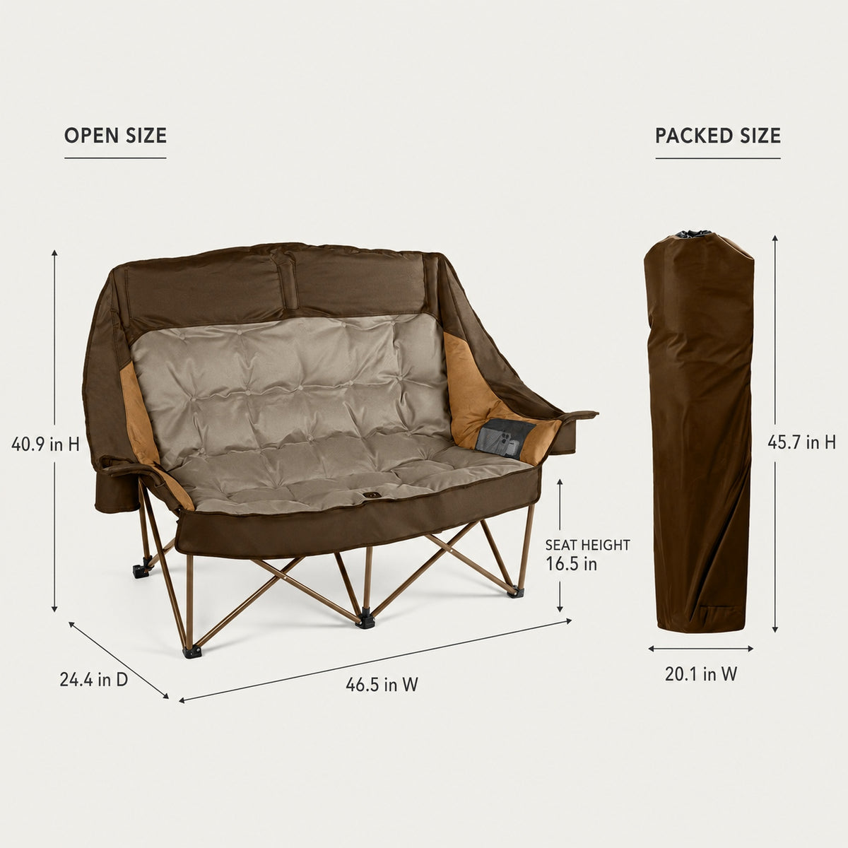 High back double camping chair dimensions with 46.5 inch width and carry bag