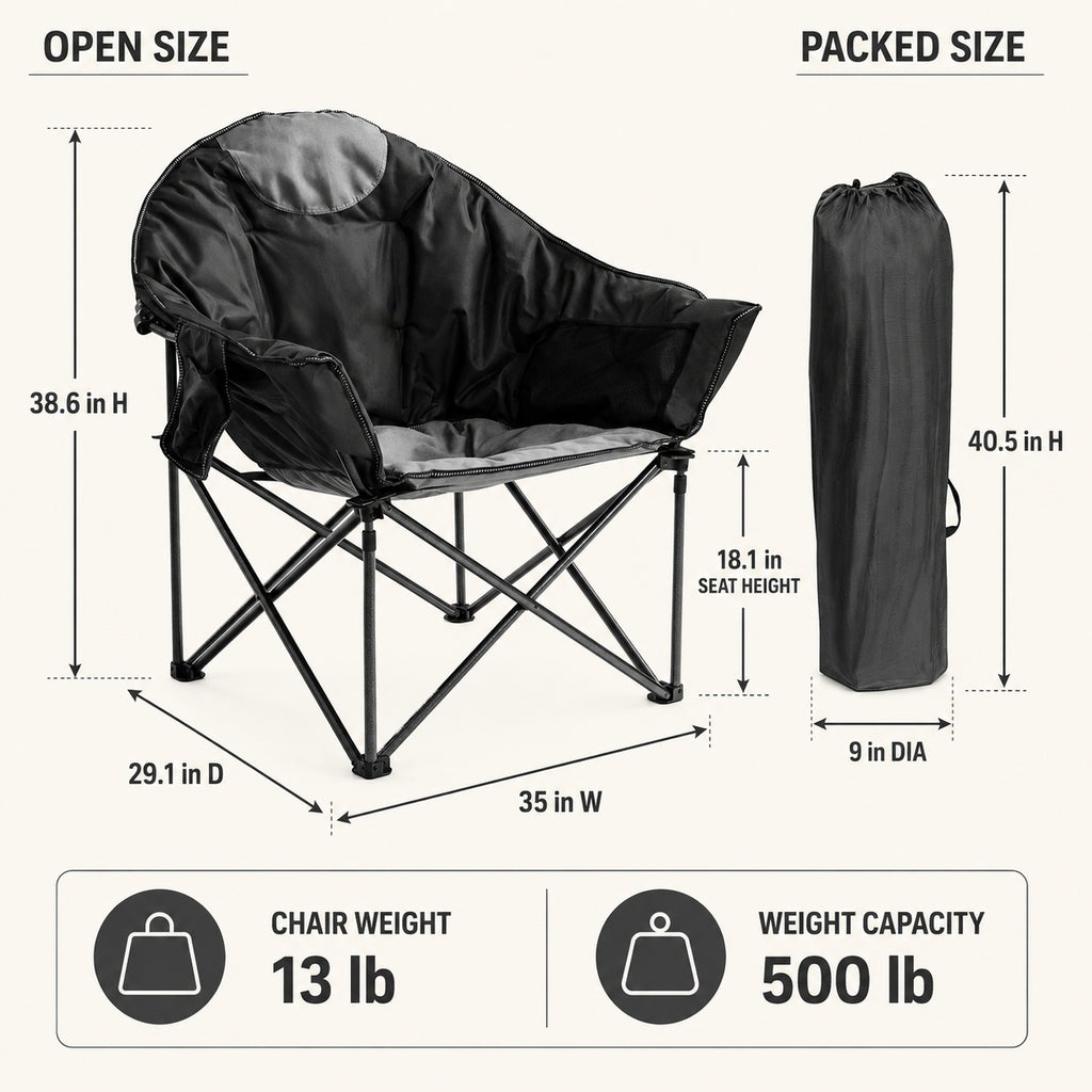 Moon saucer camping chair dimensions with 500-pound capacity and 13-pound chair weight