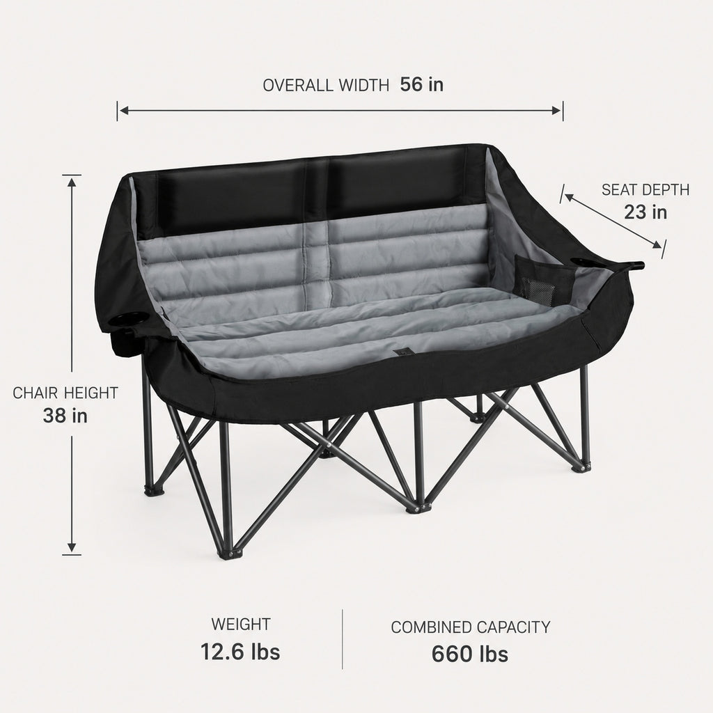Oversized double camping chair dimensions showing 56 inch width 23 inch depth and 38 inch height