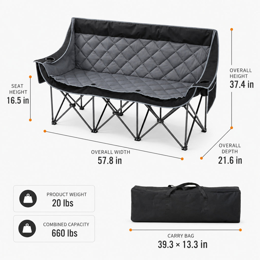 Three person camping chair dimensions showing 57.8 inch width, 21.6 inch depth and 37.4 inch height