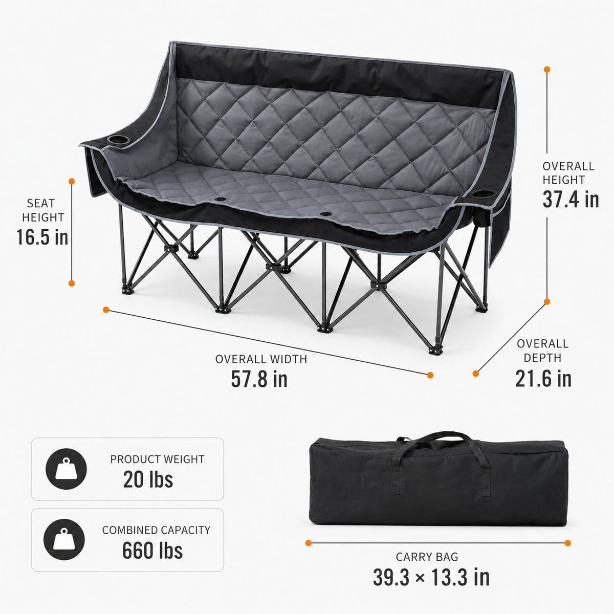 Three person camping chair dimensions showing 57.8 inch width, 21.6 inch depth and 37.4 inch height