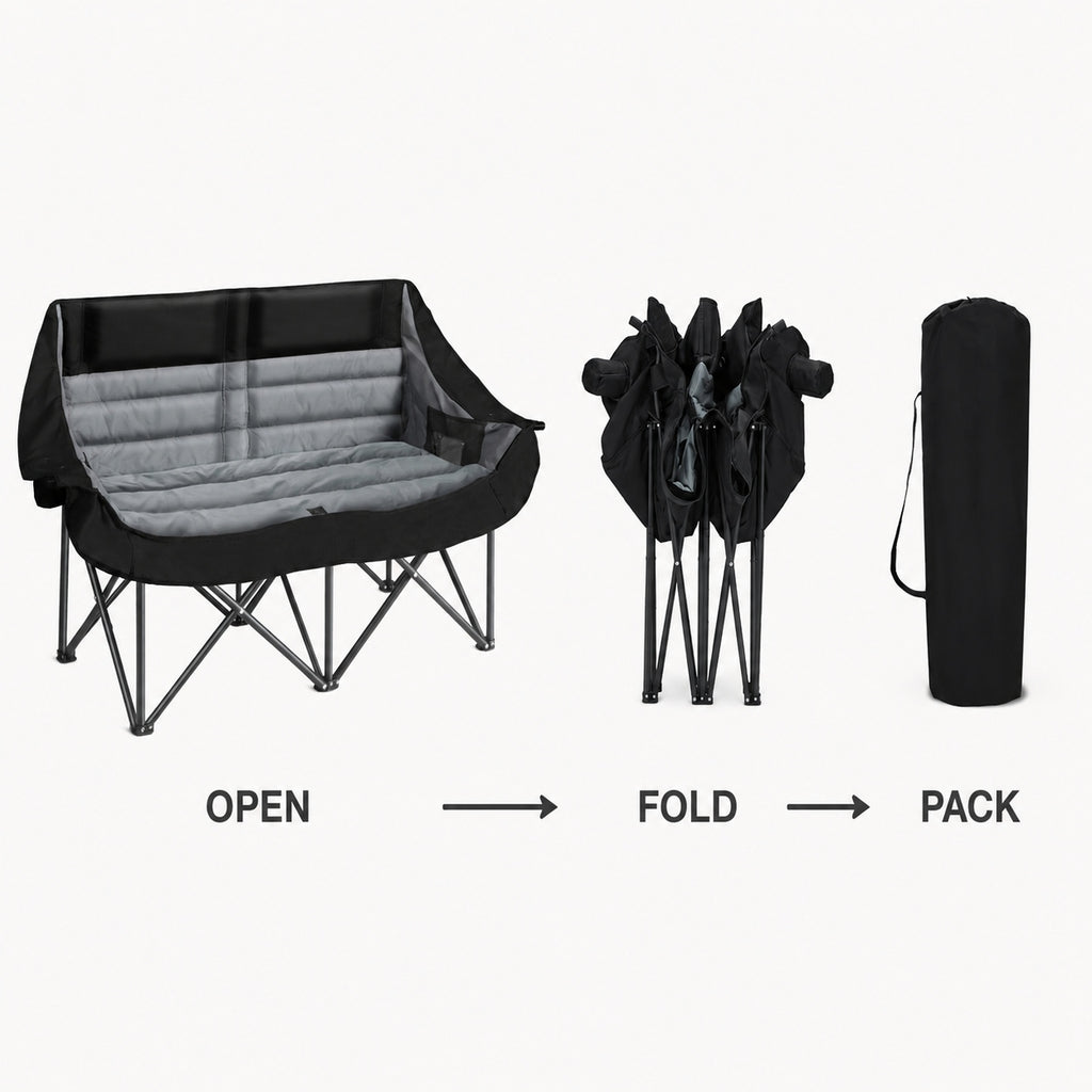 Black and gray double camping chair shown open folded and packed in its carry bag