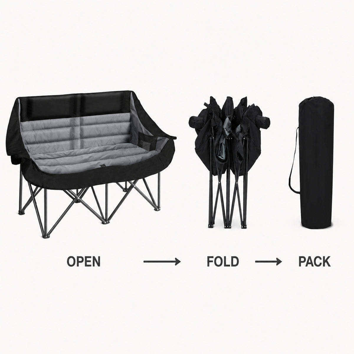 Black and gray double camping chair shown open folded and packed in its carry bag