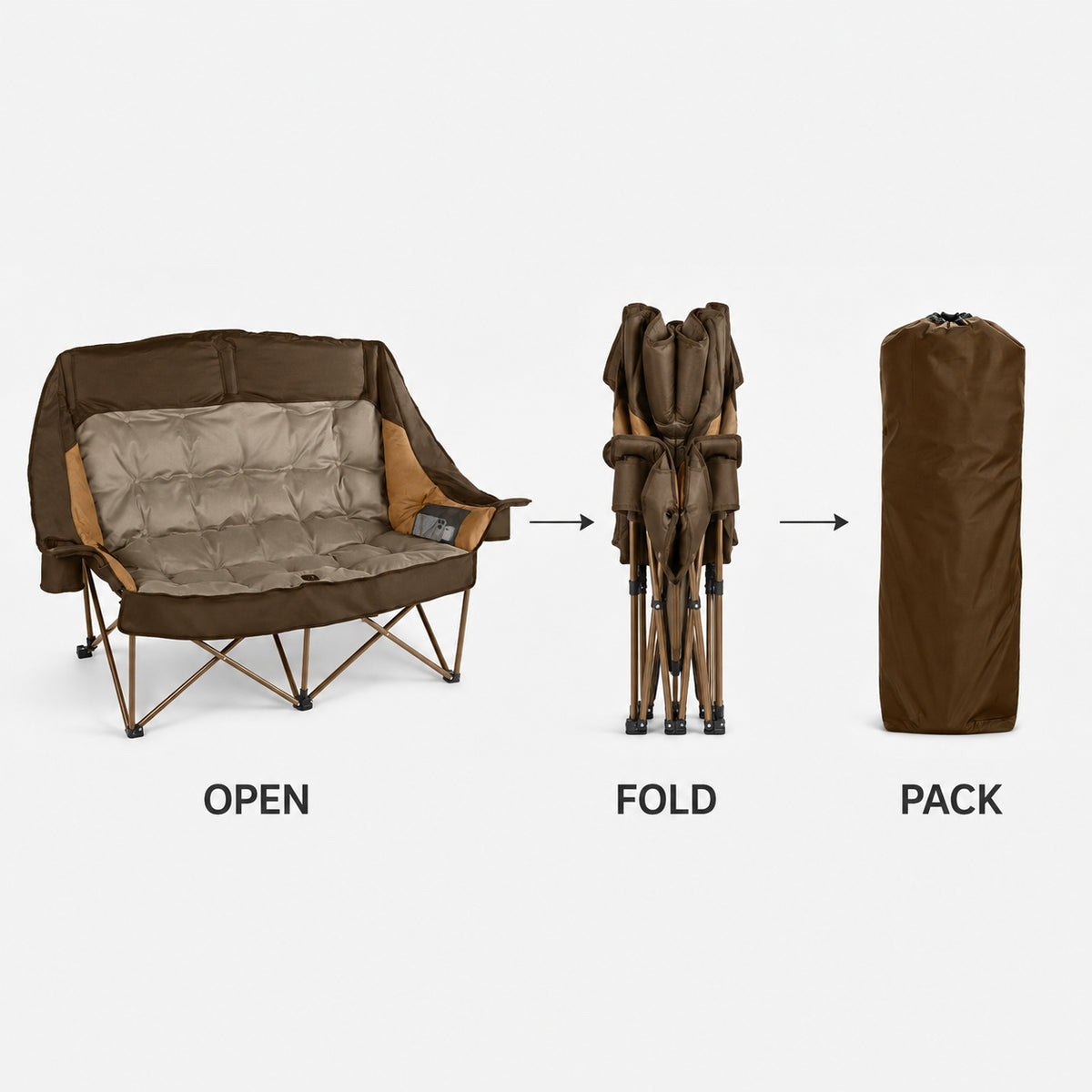 Double camping loveseat shown fully open folded and packed in its carry bag