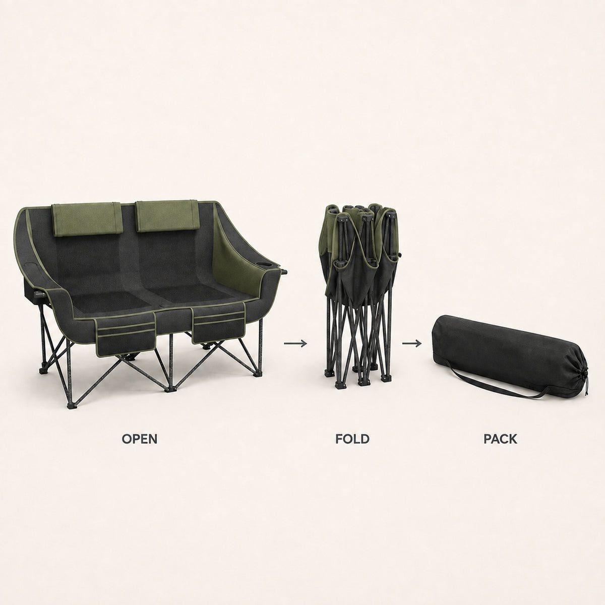 Oversized Heavy Duty Folding Camping Loveseat Chair for Two Adults with Cup Holders 660 lbs Streamonpod