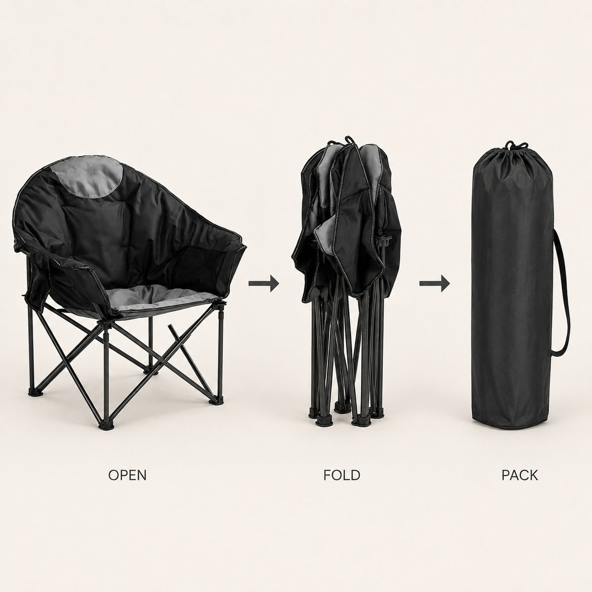 Black moon saucer camping chair shown open, folded, and packed in its carry bag