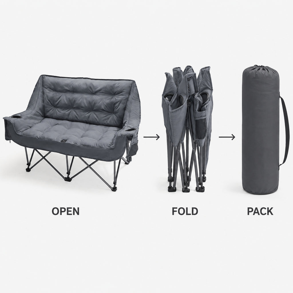 Gray padded double camping chair shown open folded and packed in its carry bag