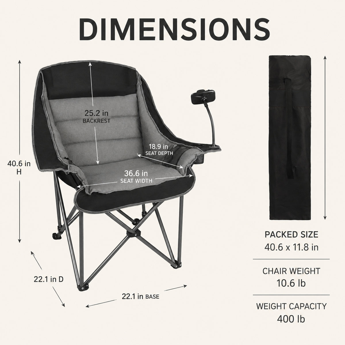Oversized folding camping chair shown open, collapsed, and packed in its carry bag