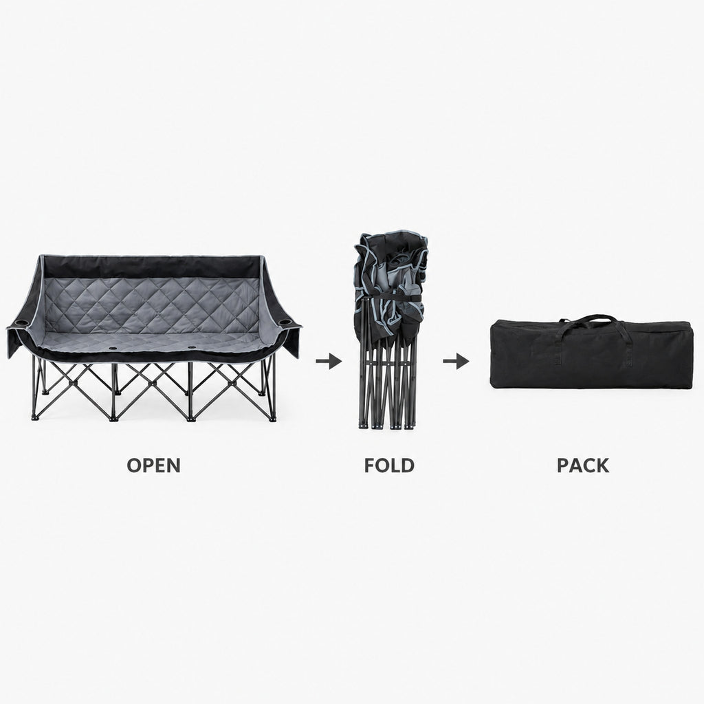 Three person folding camping chair shown fully open, collapsed and packed in its carry bag