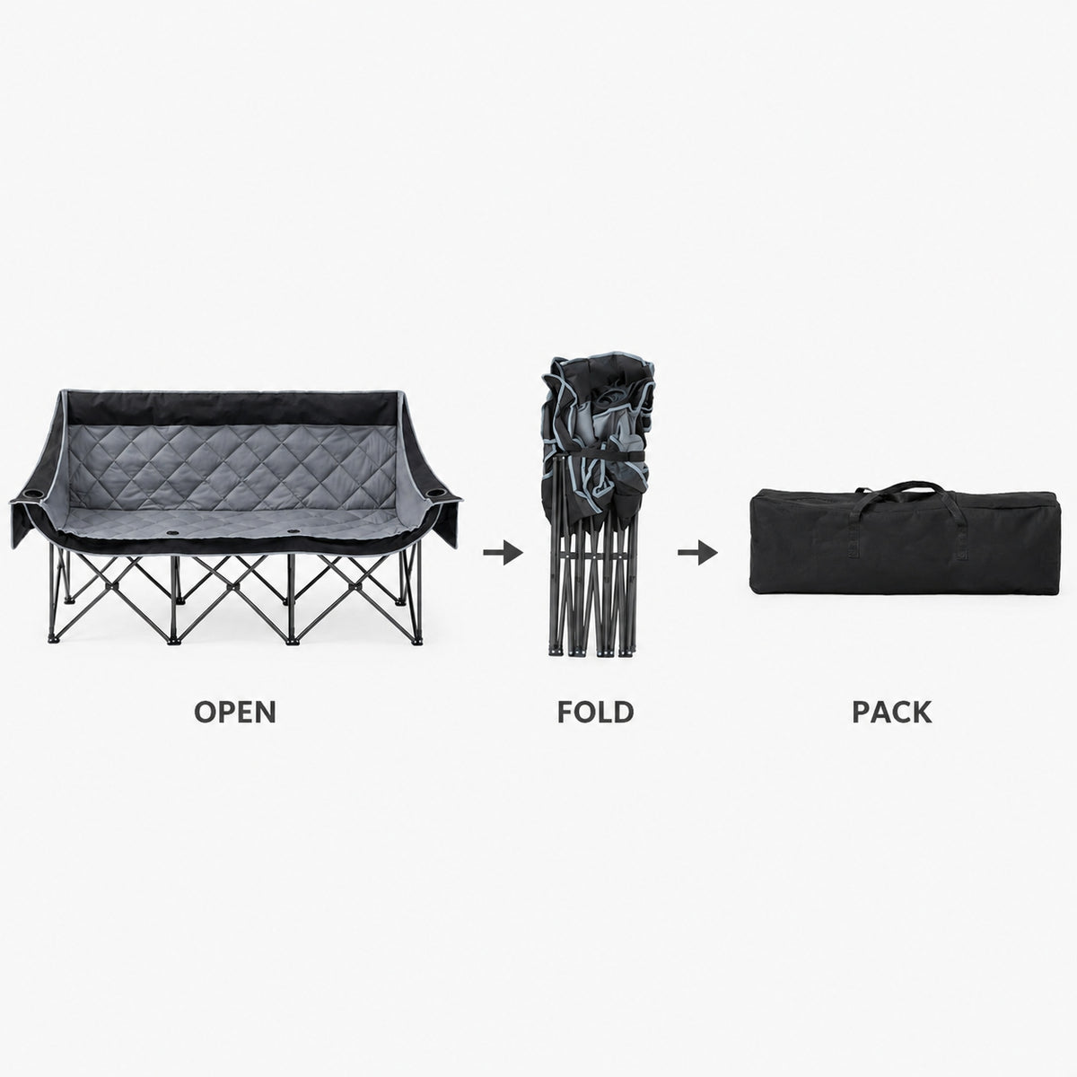 Three person folding camping chair shown fully open, collapsed and packed in its carry bag
