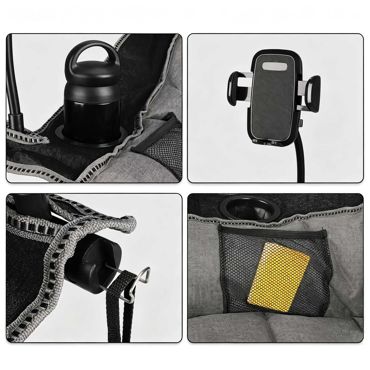 Oversized black and gray folding camping chair opened at a lakeside campsite
