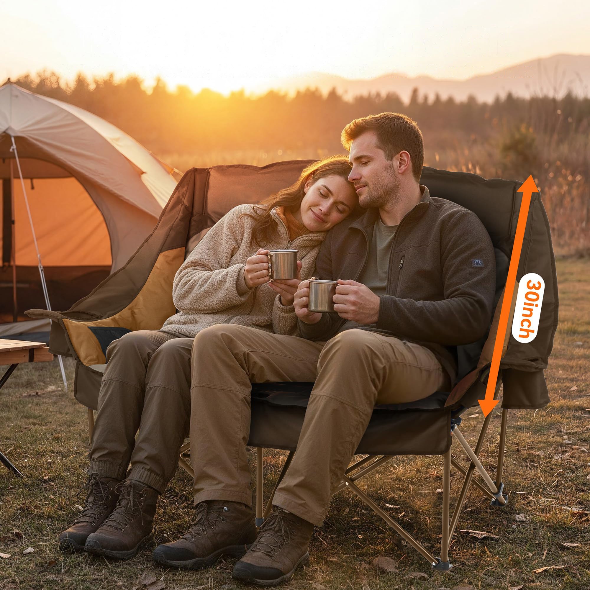 High Back Double Camping Chair Low Seat Folding Loveseat with Cup Holders and Carry Bag 800 lbs Streamonpod