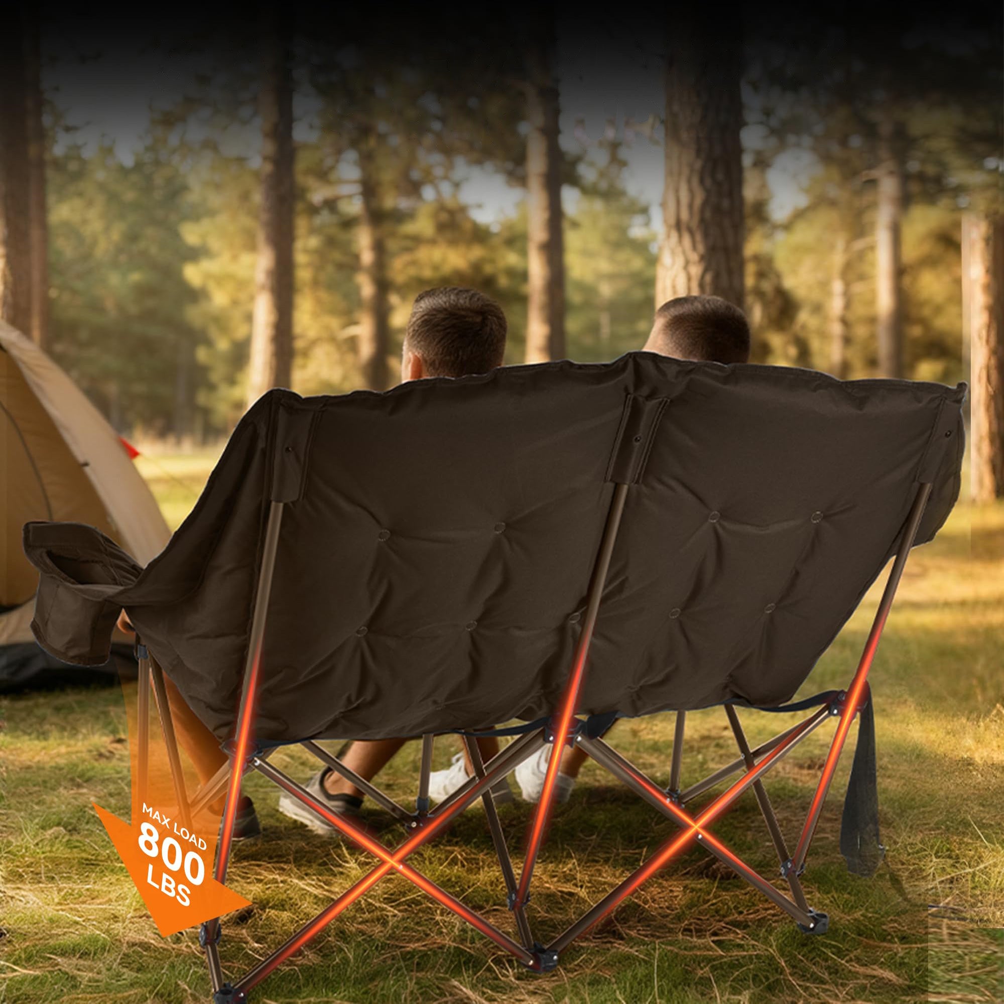 High Back Double Camping Chair Low Seat Folding Loveseat with Cup Holders and Carry Bag 800 lbs Streamonpod
