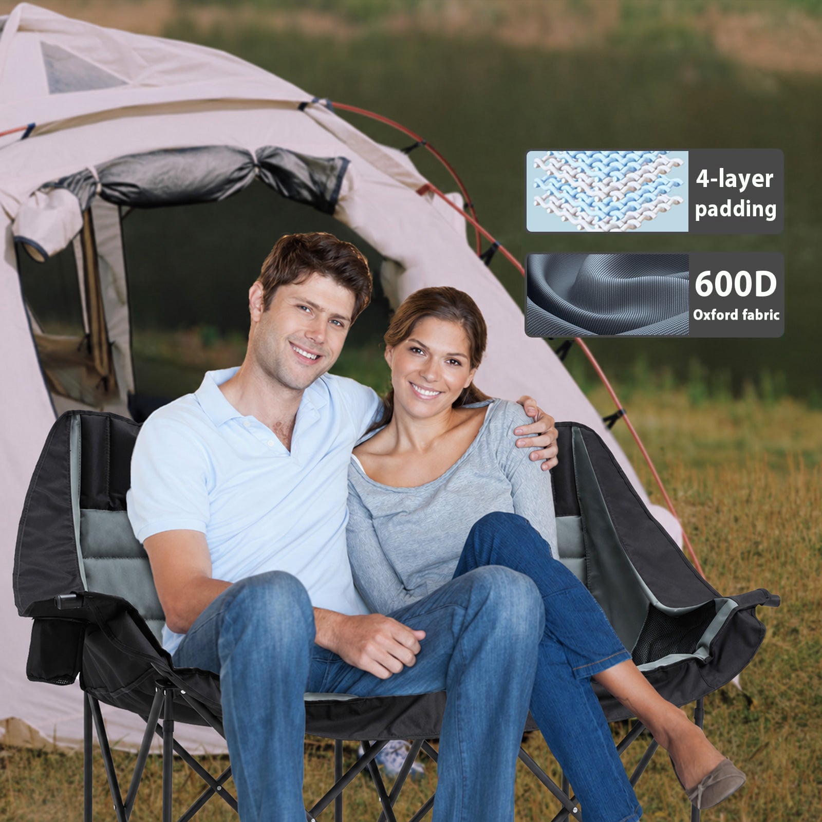 Oversized Double Camping Chair for Two Adults Folding Padded Loveseat with Cup Holders 660 lbs Streamonpod
