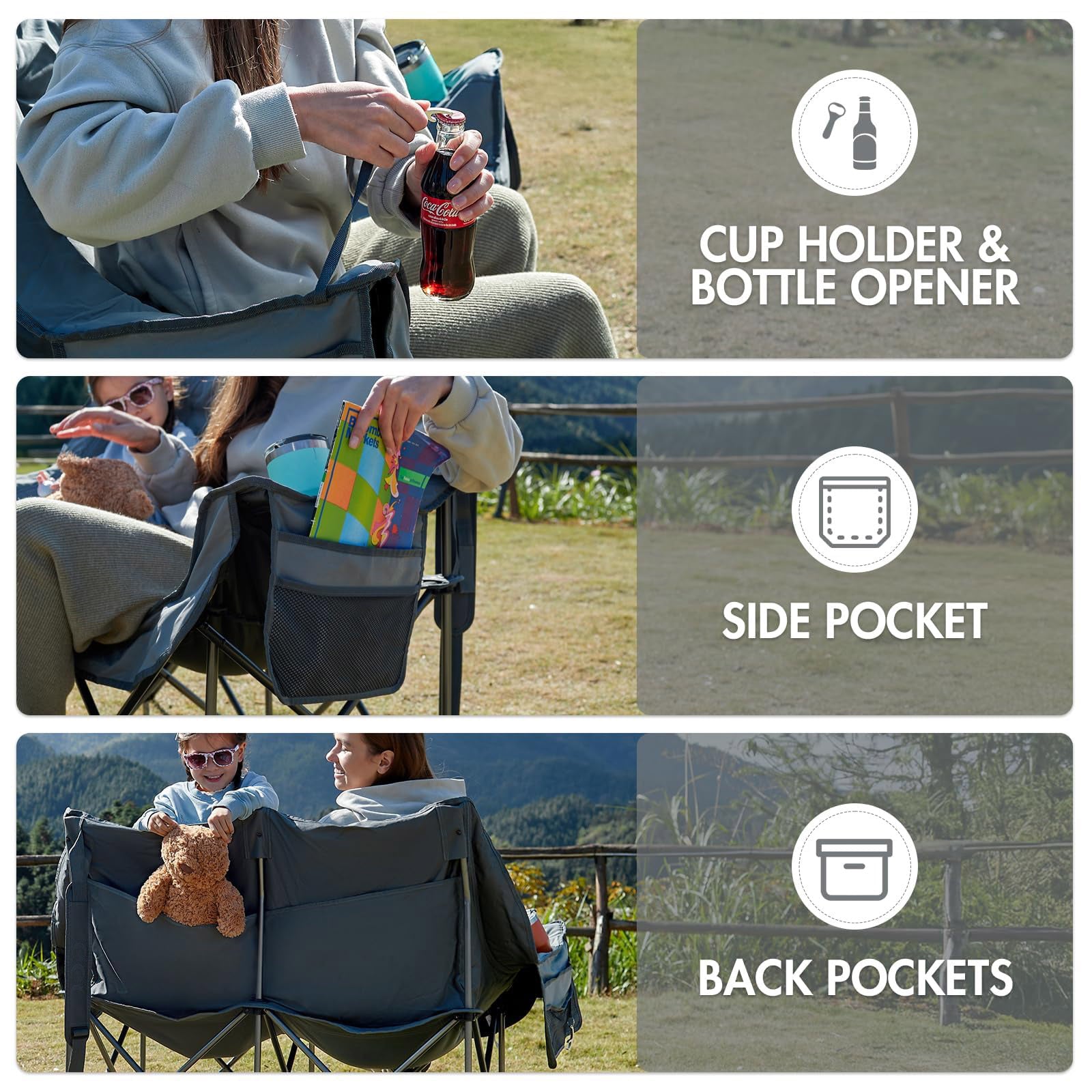 Double Camping Chair for Two Adults Folding Padded Loveseat with Cup Holders and Carry Bag 600 lbs Streamonpod