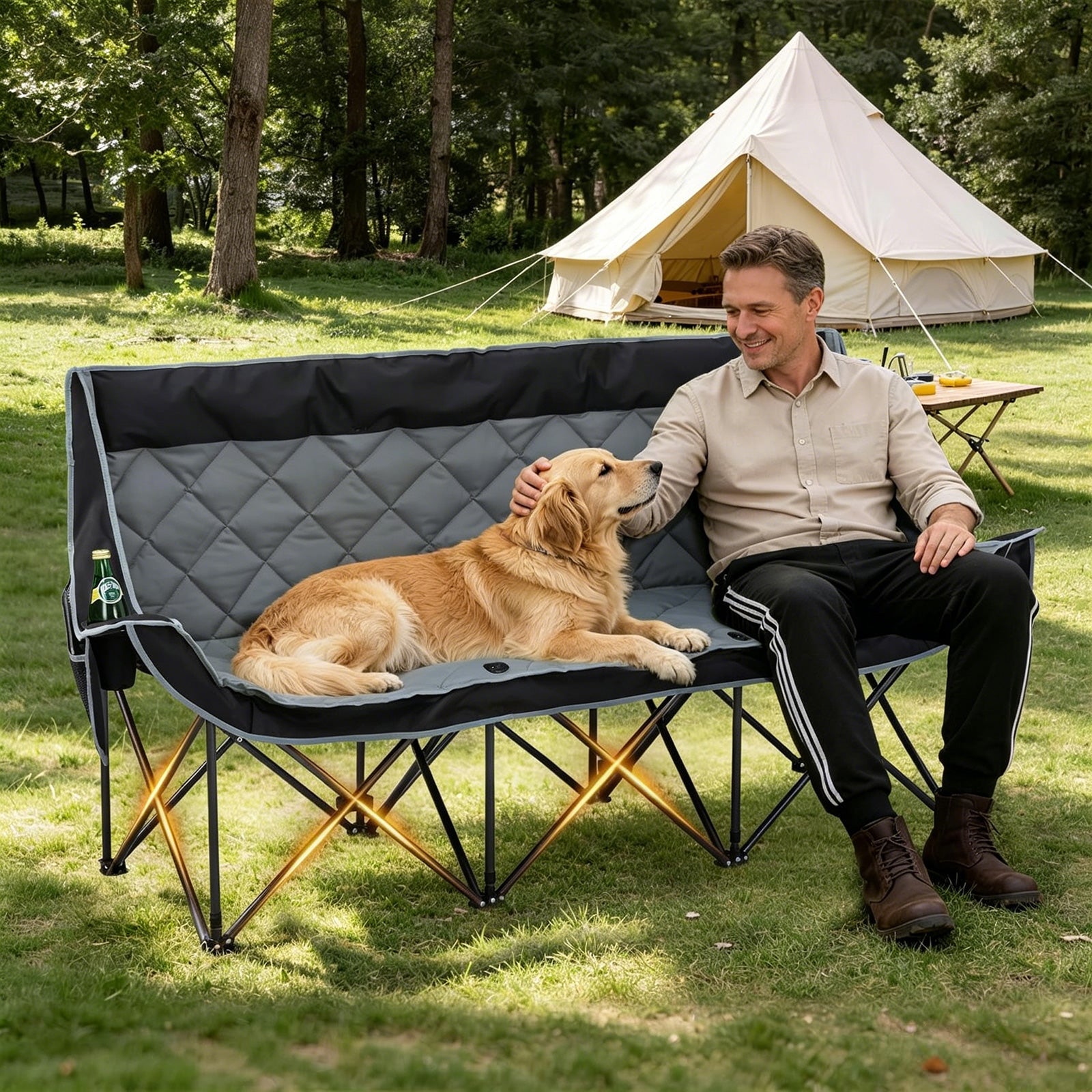 Oversized 3 Person Camping Chair Folding Padded Loveseat with Cup Holders and Carry Bag Streamonpod