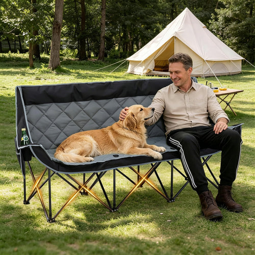 Oversized 3 Person Camping Chair Folding Padded Loveseat with Cup Holders and Carry Bag Streamonpod
