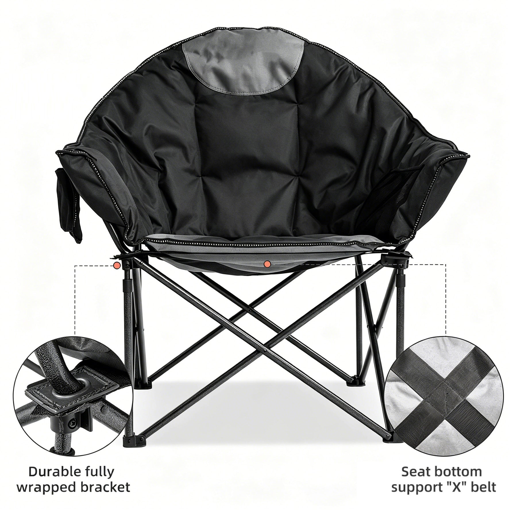 Heavy Duty Moon Saucer Camping Chair 500 lbs with Cup Holder Storage Pocket and Carry Bag Streamonpod