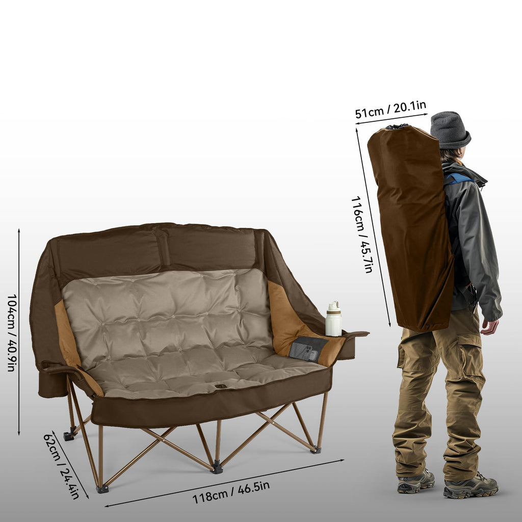 High Back Double Camping Chair Low Seat Folding Loveseat with Cup Holders and Carry Bag 800 lbs Streamonpod