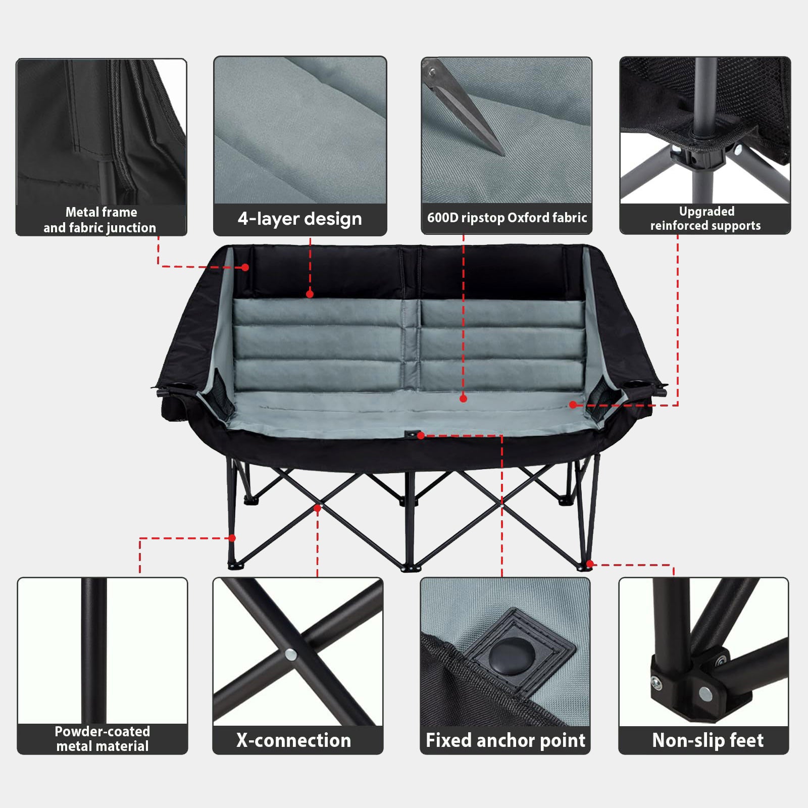 Oversized Double Camping Chair for Two Adults Folding Padded Loveseat with Cup Holders 660 lbs Streamonpod