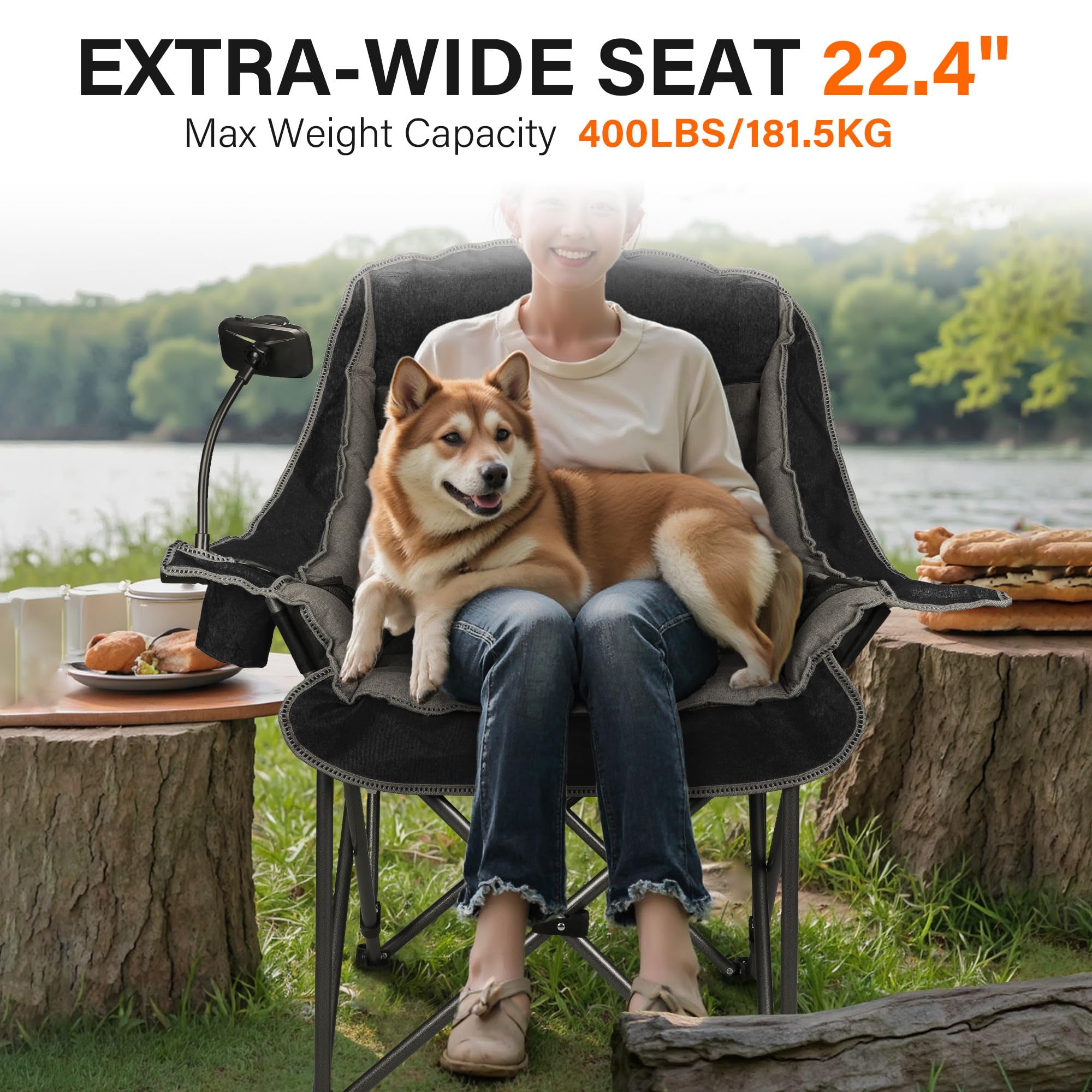 Oversized Folding Camping Chair for Adults Heavy Duty 400 lbs with Cup Holder Phone Holder Pocket