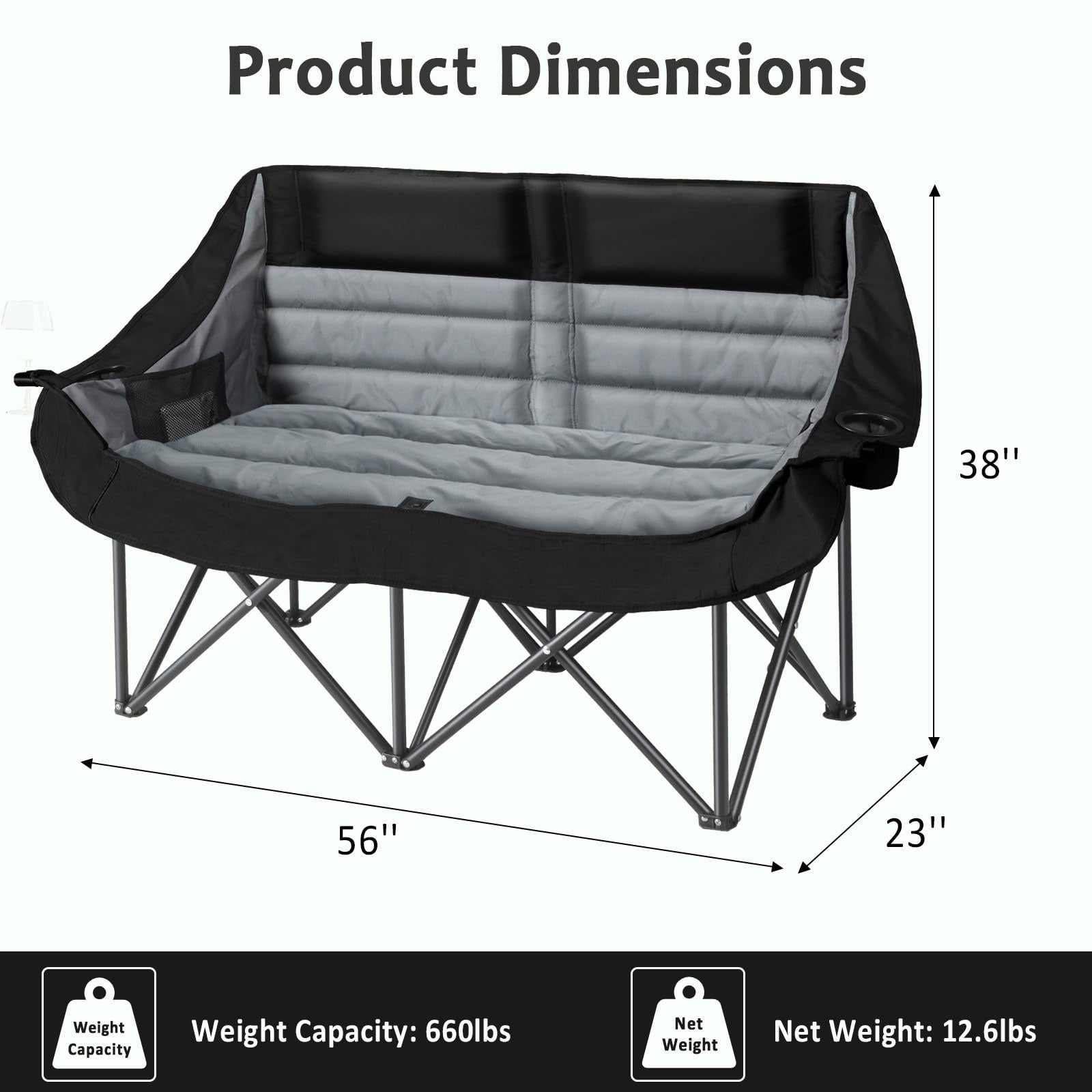 Oversized Double Camping Chair for Two Adults Folding Padded Loveseat with Cup Holders 660 lbs