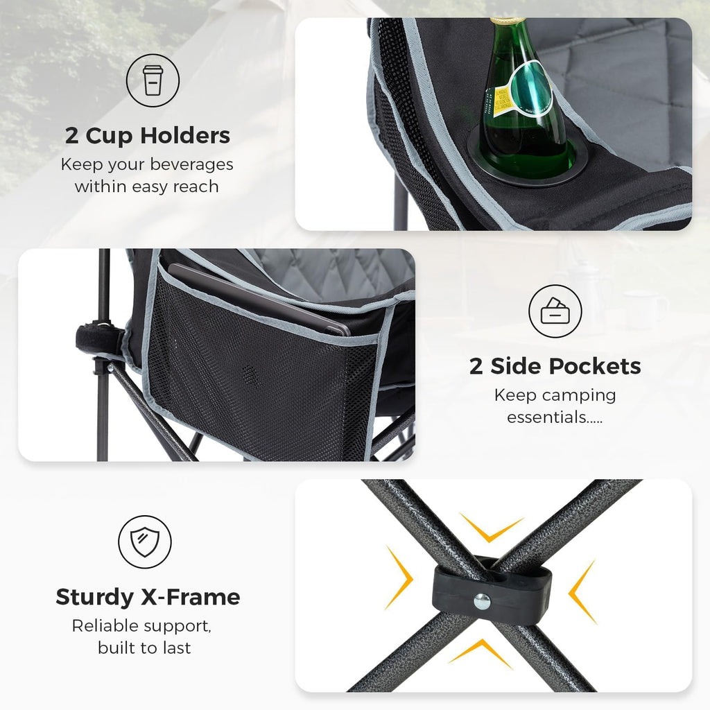 Oversized 3 Person Camping Chair Folding Padded Loveseat with Cup Holders and Carry Bag