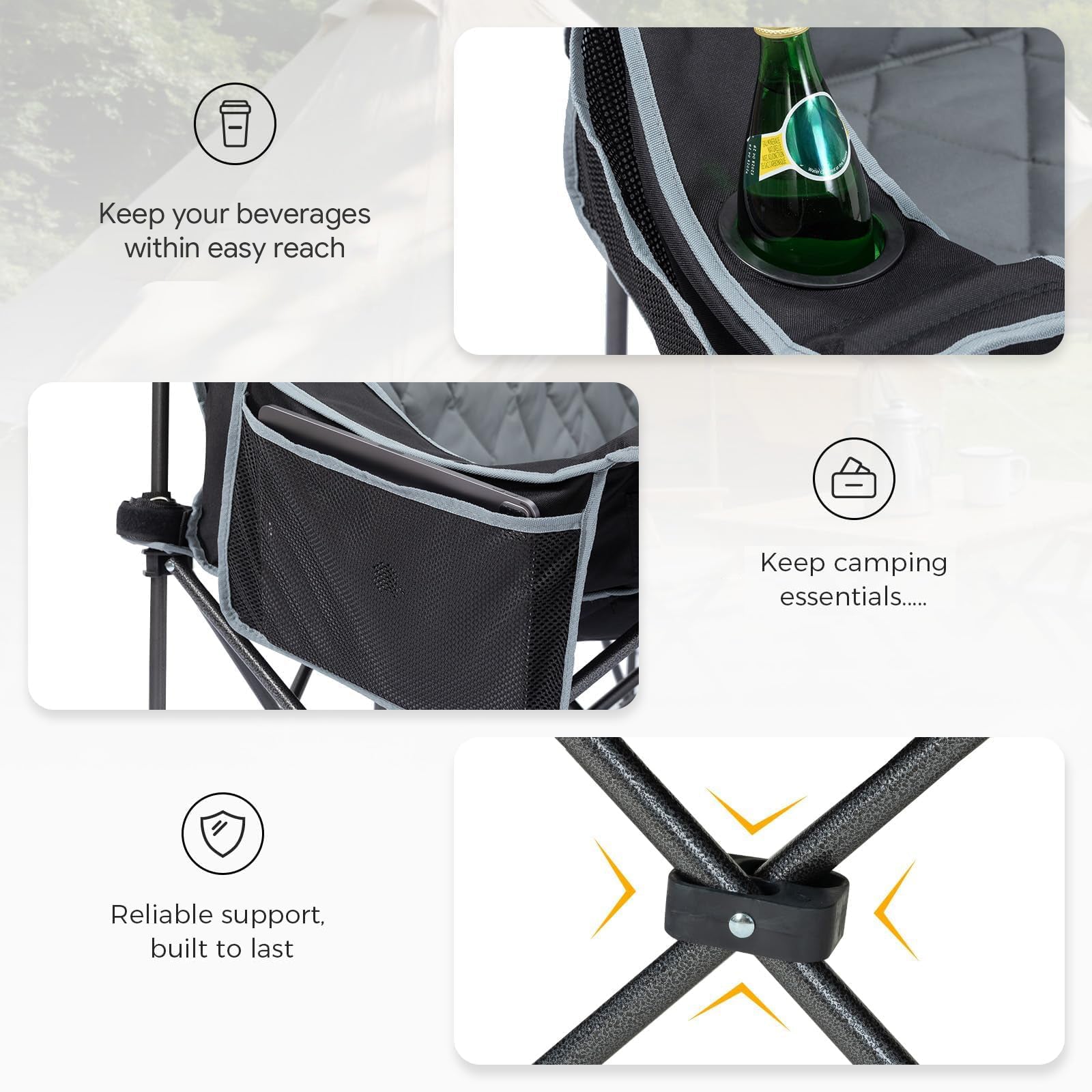 Oversized 3 Person Camping Chair Folding Padded Loveseat with Cup Holders and Carry Bag Streamonpod